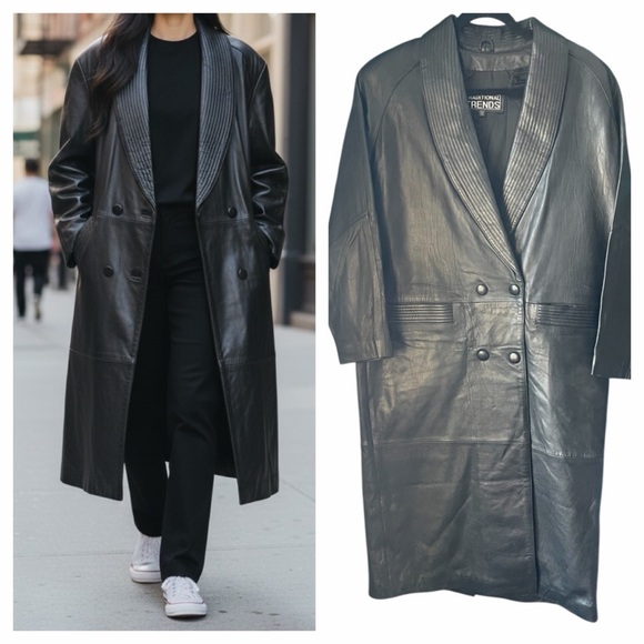 Vintage Jackets & Blazers - Vintage Black Leather Long Double-Breasted Coat – Trench Jacket Shawl Collar PM